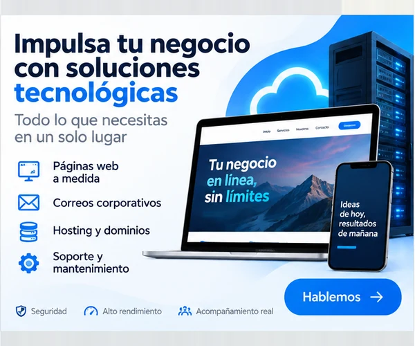 Impulsa tu negocio con soluciones tecnológicas: páginas web a medida, correos corporativos, hosting y dominios, soporte y mantenimiento. The 01 Company.