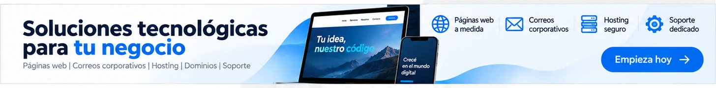 Soluciones tecnológicas para tu negocio: páginas web a medida, correos corporativos, hosting y soporte. The 01 Company.